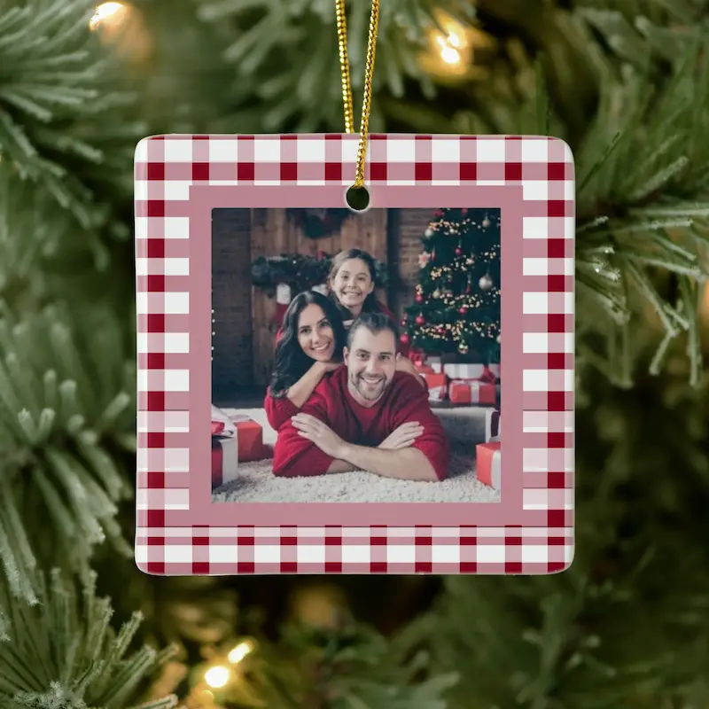 Red Gingham Elegant Two-Sided 2 Photo Christmas Ceramic Ornament