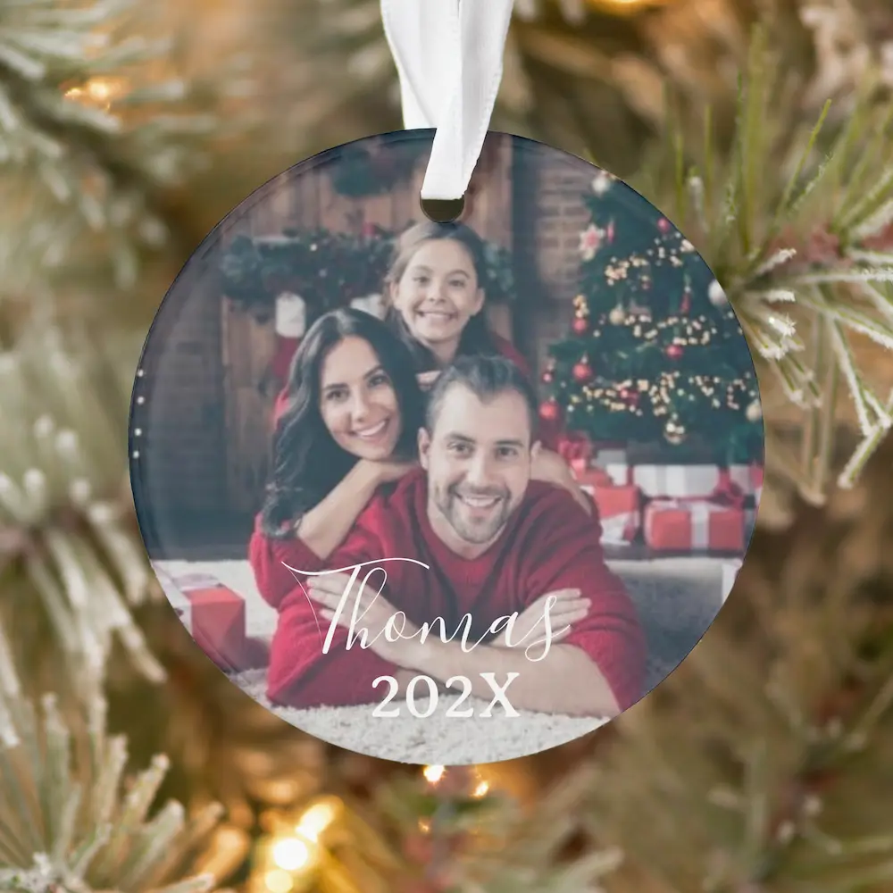 Custom family photo christmas | Script & Year Ornament